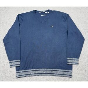 Travis Mathew Sweater Mens XL‎ Blue V Neck Knit Pullover Golf Logo Striped Trim